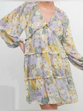 Free The Roses Lavender Floral Voluminous Flowy Mini Dress: Size Small